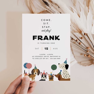 Dog 1st Birthday Invitation, Come Sit Stay Invitation, Dog Theme Birthday Invitation, Puppy Pawty Birthday Invitation, Editable Invitation