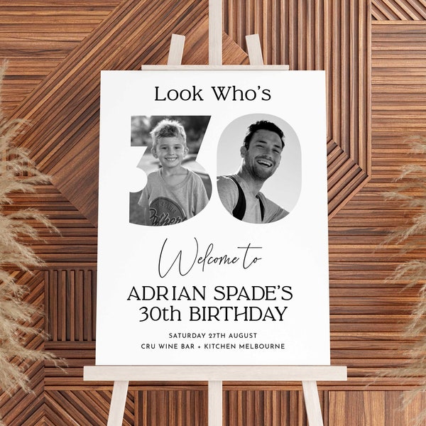 Male 30th Welcome Sign, Look Who's 30 Welcome Sign, 30th Poster with Photo, Modern 30th Welcome Sign, Birthday Welcome Poster