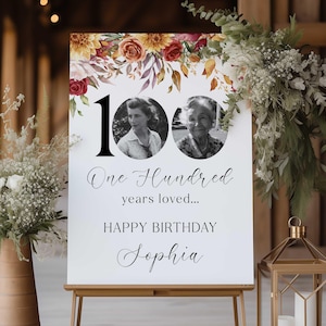 Letrero de bienvenida para el cumpleaños número 100, póster de bienvenida para el cumpleaños número 100 con foto, decoración de cumpleaños de otoño, decoraciones florales para el cumpleaños número 100, cumpleaños con temática de otoño