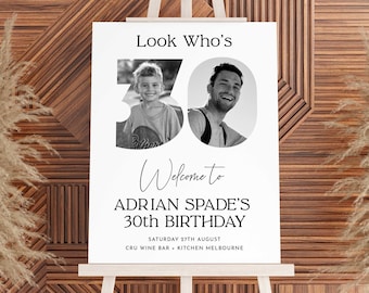 Male 30th Welcome Sign, Look Who's 30 Welcome Sign, 30th Poster with Photo, Modern 30th Welcome Sign, Birthday Welcome Poster