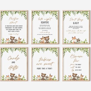 Woodland Baby Shower Posters, Printable Baby Shower Signs, Pacifier Hunt, Late Night Diapers, Momosa Bar, Don&#39;t Say Baby, Cards Gifts BSB1