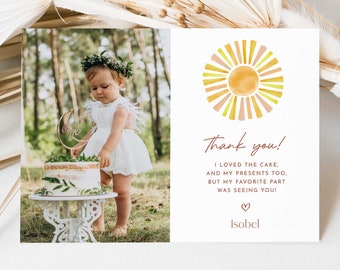 Sun Birthday Thank you Card, First Trip Around the Sun, Here comes the Sun 1st Birthday Thank you, Thank you Card with Photo, Editable