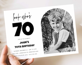 70th Invitation with photo, Look Who's 70, 70th Editable Birthday Invitation Template, Simple 70th Invitation, Male 70th invitation Templett
