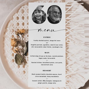 Menu per il 60° compleanno, Menu per il 60° compleanno DL, Modello di menu modificabile per il 60° compleanno, Menu semplice in bianco e nero, Menu personalizzato con foto
