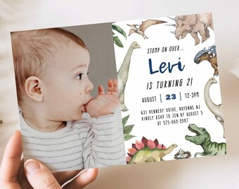 Dinosaur 2nd Birthday Invitation with Photo, Dinosaur Birthday Invite, T Rex, Dinosaur Party, Dinosaur Birthday, EDITABLE, INSTANT DOWNLOAD