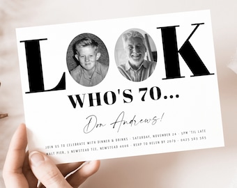 Look Who&#39;s 70 Funny Birthday Invitation, 70th Invitation with photo, 70th Birthday Invitation for Men, Simple 70th Invite, Male 70th Invites
