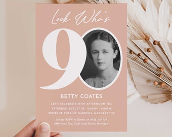 90th Invitation with photo for Women, Look Who's 90, Female 90th Birthday Invitation Template, Simple Invitation, 90th invitation for women