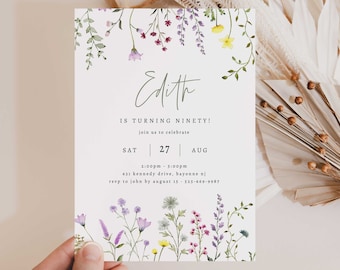 Wildflower 90th Birthday Invitation, Wildflowers, Womens Birthday Flower Invitation, Wild Flower Garden Birthday, 90th Lunch Invitation DIY