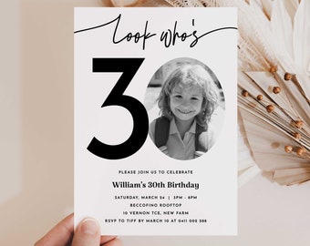 Modèle d'invitation 30e anniversaire masculin, look qui a 30 ans, invitation photo 30e anniversaire, modèle modifiable, tout âge, 30e anniversaire noir et blanc