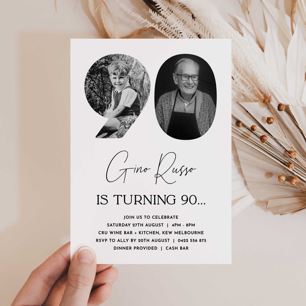 90th Invitation with photo, Look Who's 90, 90th Birthday Invitation Template, Simple 90th Invitation, Male 90th Invites, Editable, Printable