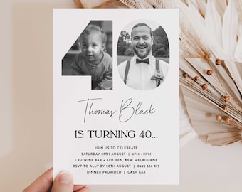 40th Invitation with photo, Look Who&#39;s 40, 40th Birthday Invitation Template, Simple 40th Invitation, Male 40th Invites, Editable, Printable