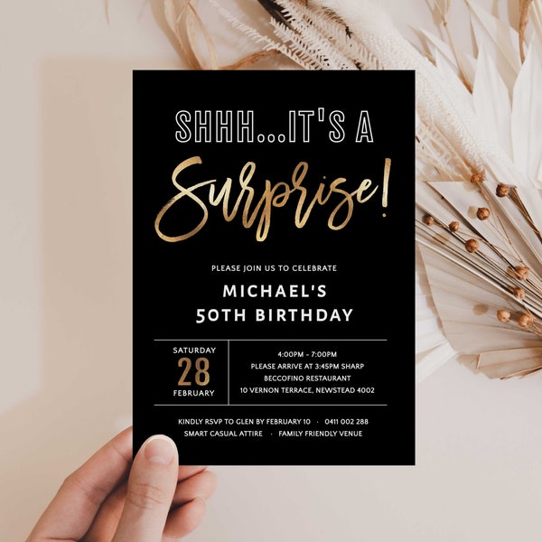 Surprise 50th Birthday Invitation Template Black and Gold, 50th Invitation Surprise, 50th Birthday Invitation, Surprise Birthday Invitation