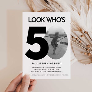 50th Invitation with photo, Look Who&#39;s 50, 50th Birthday Invitation Template, Simple 50th Invitation, Male 50th Invites, Editable, Printable