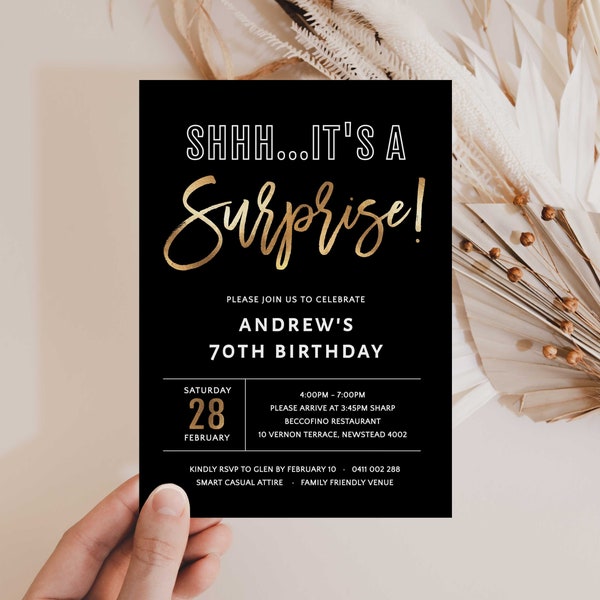 Surprise 70th Birthday Invitation Template Black and Gold, 70th Invitation Surprise, 70th Birthday Invitation, Surprise Birthday Invitation