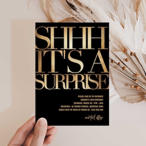 ZARA Surprise Birthday Invitation Template, Black and Gold, Surprise Editable Invitation, 30th 40th 50th 60th 70th 80th, Shh It&#39;s a Surprise