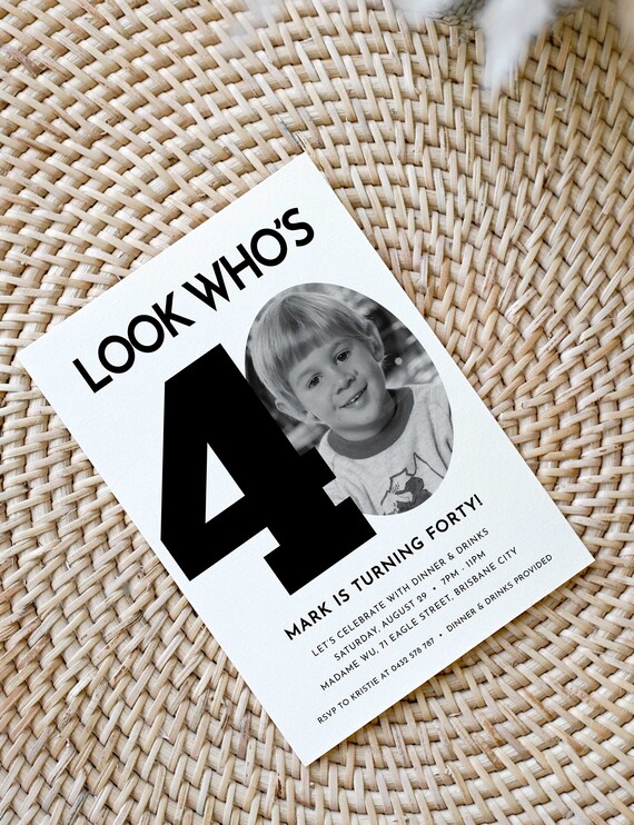 40th Invitation with photo, Look Who's 40, 40th Birthday Invitation Template, Simple 40th Invitation, Male 40th Invite, Editable, Printable