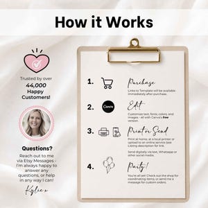 May include: A clipboard with a How it Works guide featuring four steps: Purchase, Edit in Canva, Print or Send, and Party. Includes a pink heart icon, a photo of a person, and text stating Trusted by over 44,000 Happy Customers and contact info.