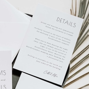 ZOE Hochzeitskarte mit Details, minimalistische Hochzeitskarte, bearbeitbare Vorlage, druckbar, sofortiger Download, Templett, Anpassungskarte