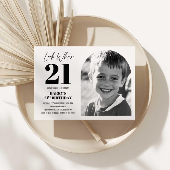 21st Invitation with photo, Look Who's 21, Canva 21st Editable Birthday Invite Template, Simple 21st, Male 21st Invitation