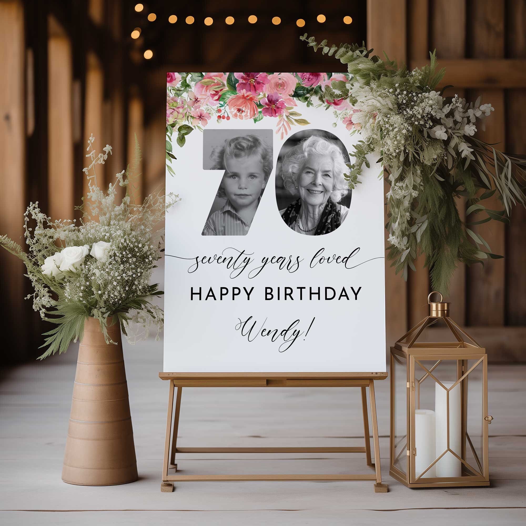70 Years Loved Sign, 70th Birthday Welcome Sign, Floral 70th Welcome Sign with Photo, Look Who's 70 Welcome Sign, 70th Birthday Decorations