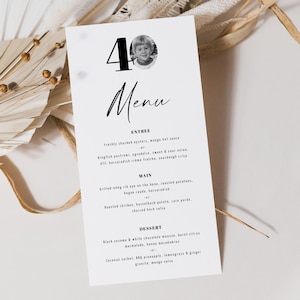 Menu ADEN Look Who's 40, 40th Menu DL, modelo de menu editável de 40º aniversário, menu simples em preto e branco, menu personalizado com foto