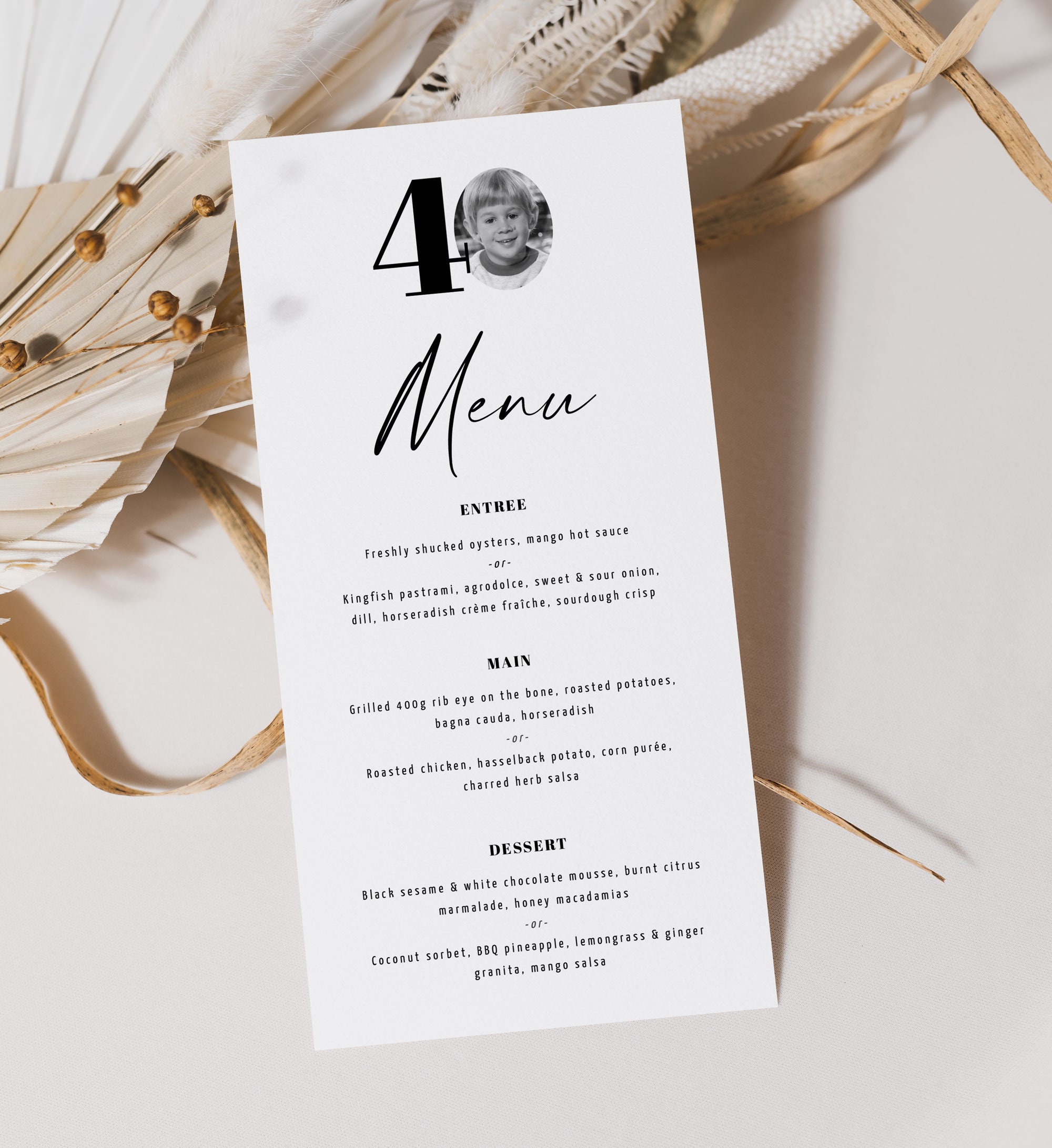 ADEN Look Who's 40 Menu, 40th Menu DL, 40th Birthday Editable Menu Template, Simple Black and White Menu, Personalized Menu with Photo