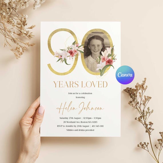 90 Years Loved Birthday Invitation, Pink Floral 90th Birthday Invites, Canva 90th Birthday Party Invitation, 90 Year Editable Template
