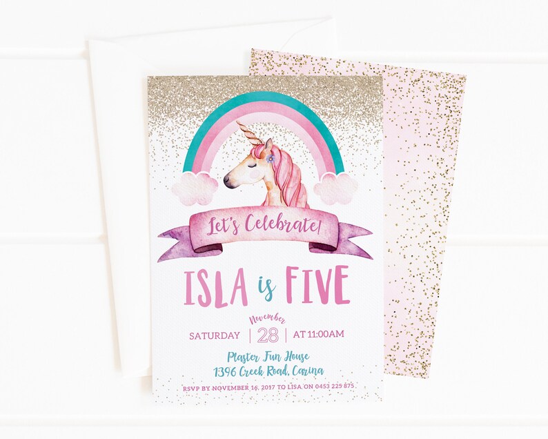 Unicorn Birthday Invitation, Unicorn Birthday Invitations, Unicorn Invitations, Unicorn Party, Unicorn Pink and Gold Glitter image 4