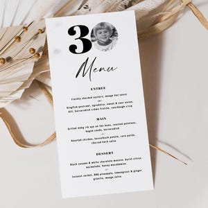 Modèle de menu pour le dîner du 30e anniversaire, cartes de menu du 30e anniversaire, modèle de menu personnalisé anniversaire, modèle modifiable de menu pour le dîner d'anniversaire