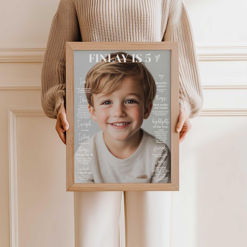 K&ouml;nnte beinhalten: Ein gerahmtes Portr&auml;t mit einem l&auml;chelnden Kind und dem Text "FINLAY IST 5". Das Portr&auml;t hat einen hellen Holzrahmen und einen grauen Hintergrund. Zus&auml;tzlicher Text enth&auml;lt "Ich bin", "Ich liebe", "Ich wiege", "Ich stehe" und "Dinge, die mich zum Lachen bringen."