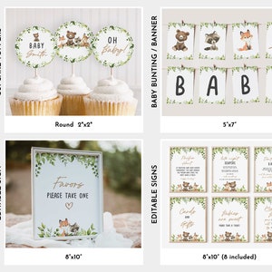 Op de afbeelding: Woodland baby shower printbare set met een groen en bruin kleurenschema. Inclusief cupcake toppers, een banner en acht 20,3 x 25,4 cm borden. De borden bevatten bosdieren en tekst zoals "Favors Please Take One", "Little Night Owls" en "Cards and Gifts".