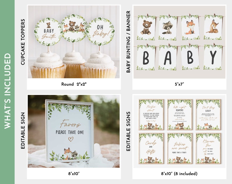 Op de afbeelding: Woodland baby shower printbare set met een groen en bruin kleurenschema. Inclusief cupcake toppers, een banner en acht 20,3 x 25,4 cm borden. De borden bevatten bosdieren en tekst zoals "Favors Please Take One", "Little Night Owls" en "Cards and Gifts".