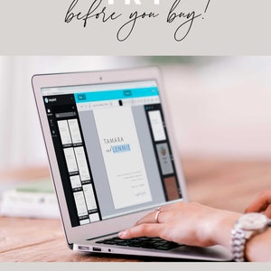 May include: A laptop screen displaying a wedding invitation template with the text "TAMARA and LENNIE" in a light blue font. The text "TRY before you buy!" is displayed above the laptop. The text "GRAB THE FREE DEMO LINK Copy & paste the link in the item description." is displayed below the laptop.