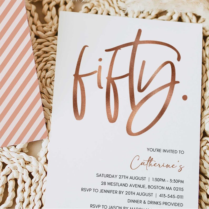 Rose Gold Handwritten 50th Birthday Invitation (Canva Editable, Digital Download, Printable) image 2