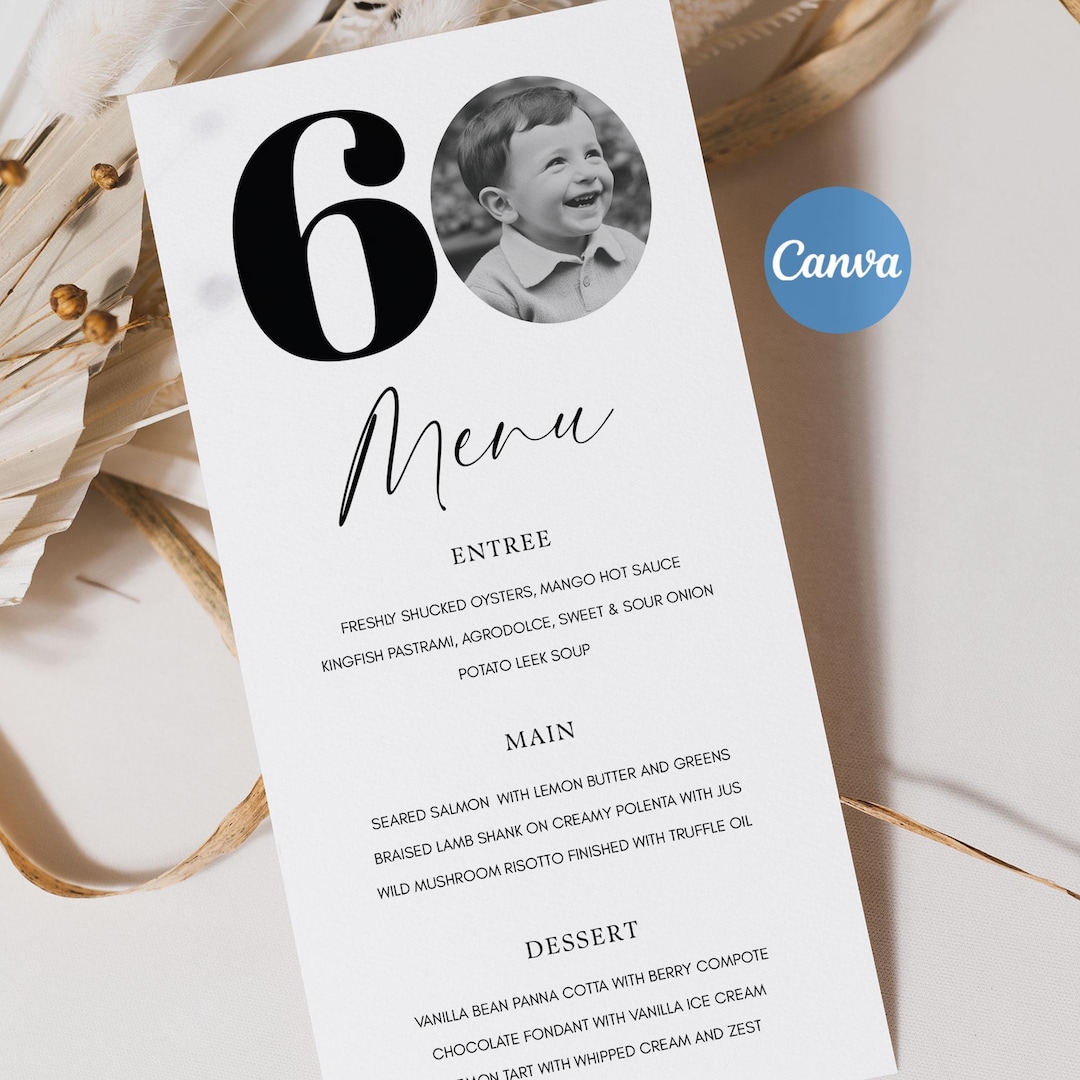 60th Birthday Menu Template, 60th Birthday Dinner Menu, 60th Menu Card ...