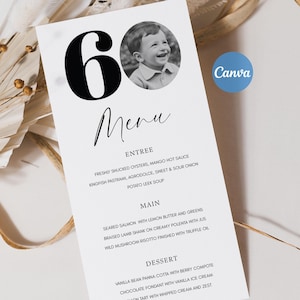 Plantilla de menú para 60 cumpleaños, menú de cena para 60 cumpleaños, tarjeta de menú para 60 cumpleaños, menú personalizado con foto, menú para cena de 60 cumpleaños