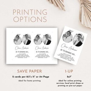 May include: Two black and white 8.5 x 11 inch printable invitations for a 60th birthday party. The invitations feature a photo of the birthday person in a black and white photo with the text "Chris Anderson is turning 60..." and the date and time of the party. The invitations are shown next to a smaller 5 x 7 inch invitation with the same design.