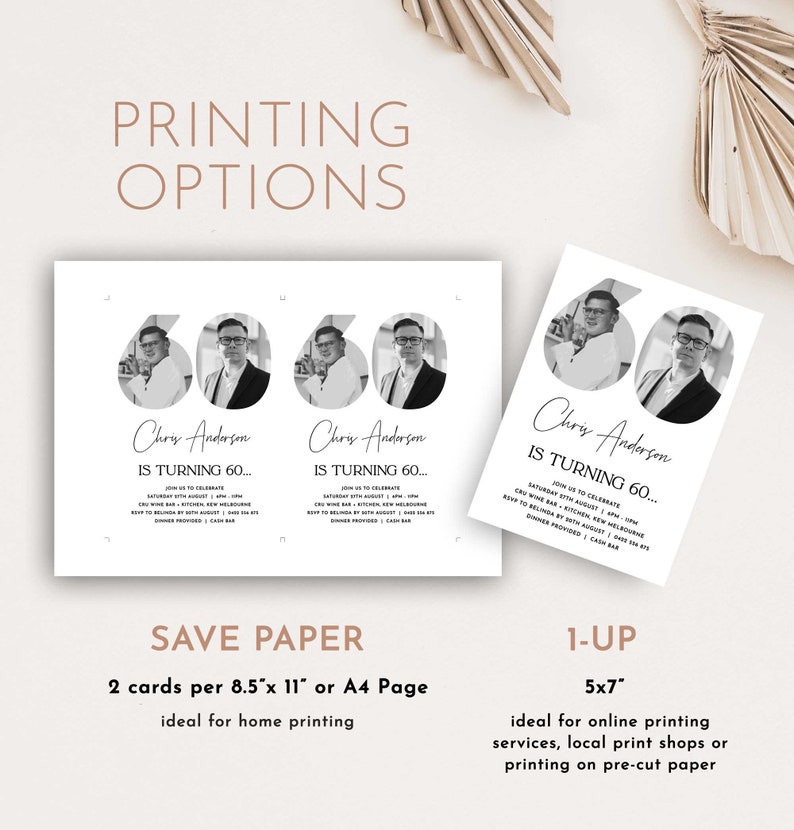 May include: Two black and white 8.5 x 11 inch printable invitations for a 60th birthday party. The invitations feature a photo of the birthday person in a black and white photo with the text "Chris Anderson is turning 60..." and the date and time of the party. The invitations are shown next to a smaller 5 x 7 inch invitation with the same design.