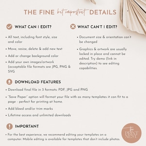 Pu&ograve; includere: Una grafica bianca e marrone con il testo "THE FINE but important DETAILS" in alto. La grafica elenca ci&ograve; che pu&ograve; e non pu&ograve; essere modificato in un modello digitale. La grafica elenca anche le funzionalit&agrave; di download, inclusa la possibilit&agrave; di scaricare il file nei formati PDF, JPG e PNG. La grafica include anche una nota che indica che la modifica mobile &egrave; disponibile per i modelli che non includono foto.