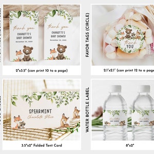 Op de afbeelding: Afdrukbare baby shower-cadeautje-etiketten met een bos-thema. De etiketten tonen een bruine beer, een vos en een hert met groen gebladerte. De tekst op de etiketten luidt "Bedankt, Baby Shower van Charlotte". De etiketten zijn verkrijgbaar in twee maten: 5,1 x 8,9 cm en 5,3 x 5,3 cm.