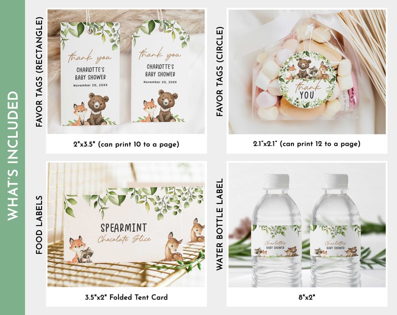 Op de afbeelding: Afdrukbare baby shower-cadeautje-etiketten met een bos-thema. De etiketten tonen een bruine beer, een vos en een hert met groen gebladerte. De tekst op de etiketten luidt "Bedankt, Baby Shower van Charlotte". De etiketten zijn verkrijgbaar in twee maten: 5,1 x 8,9 cm en 5,3 x 5,3 cm.