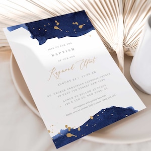 ELLIE Navy Blue & Gold Baptism Invitation, Watercolor Baptism Invitation with Gold Foil, Baptism Editable Invitation Template, Christening