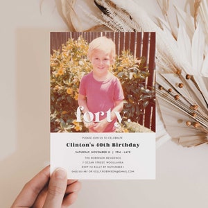 40th Downloadable Invitation Template, Simple 40th Birthday Invitation with photo, Minimal 40th birthday invitation photo