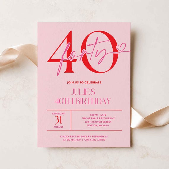 Pink 40th Birthday Invitation Women, Scalloped 40th Party Invite (Editable Canva Template, Digital Download