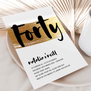 Gold 40th Birthday Invitation, 40th Invitation for Women, Forty and Fabulous Invitation, Black and Gold Invitation, 40th Birthday Invitation