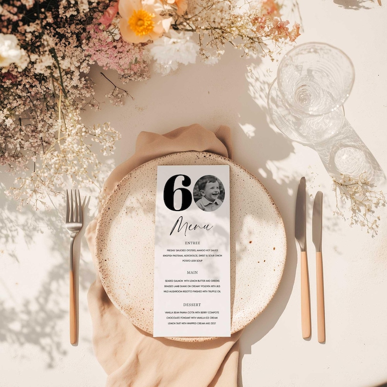 60th Birthday Menu Template, 60th Birthday Dinner Menu, 60th Menu Card ...