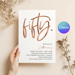 Rose Gold Handwritten 50th Birthday Invitation (Canva Editable, Digital Download, Printable) image 5