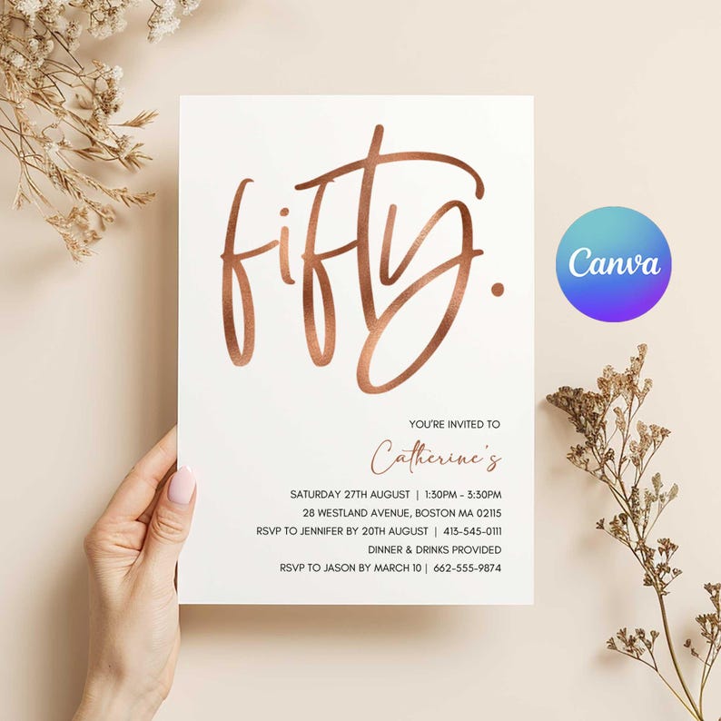Rose Gold Handwritten 50th Birthday Invitation (Canva Editable, Digital Download, Printable) image 5