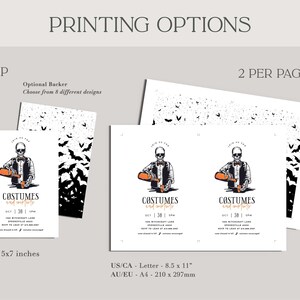May include: Printable invitation for a Halloween costume party. The invitation features a skeleton holding a cocktail and the text "COSTUMES and cocktails". The invitation is available in two sizes: 5x7 inches and 8.5x11 inches.