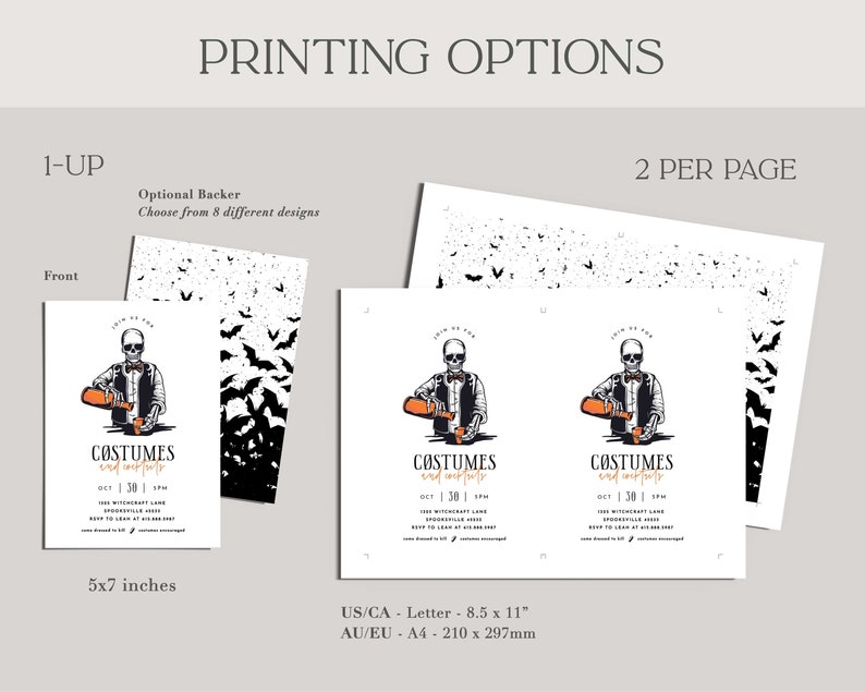 May include: Printable invitation for a Halloween costume party. The invitation features a skeleton holding a cocktail and the text "COSTUMES and cocktails". The invitation is available in two sizes: 5x7 inches and 8.5x11 inches.